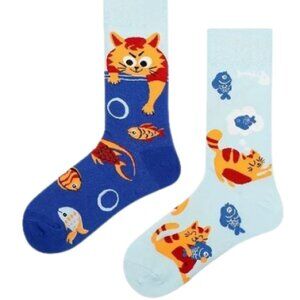 Cute Cat Fishing Crew Socks Orange Kitty Fishbowl Blue Unisex Novelty Mismatched